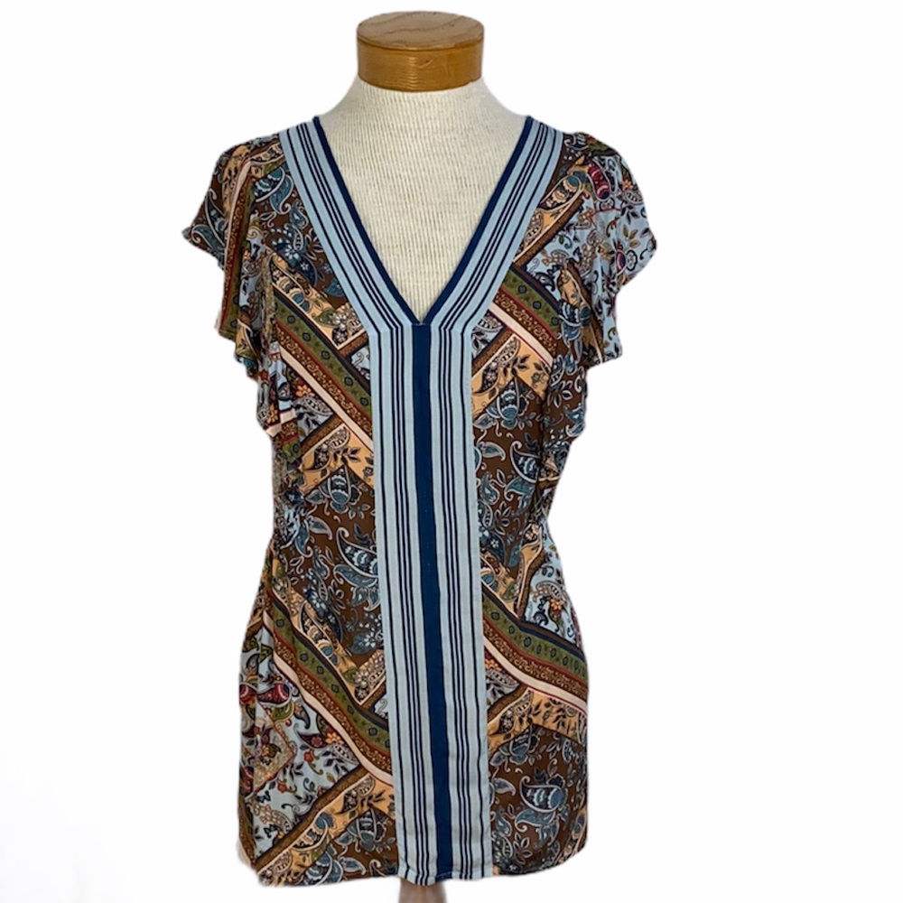 Vintage America Blues Boho Paisley V-Neck Blouse Top Size L NWT 100% Viscose